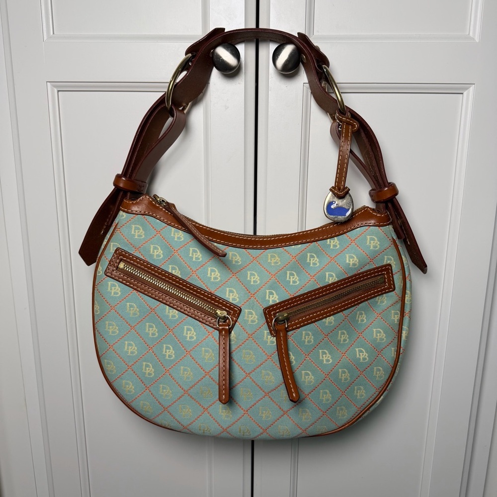 Dooney & Bourke Aqua DB Signature Canvas Hobo Shoulder Bag Leather Trim